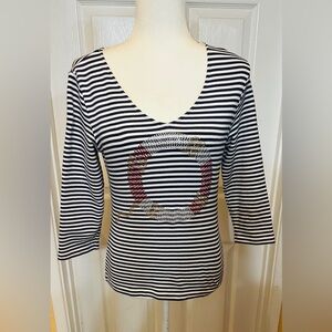 Chico's Striped 3/4 Sleeve black white Top  Embellished Circle Size 0 small